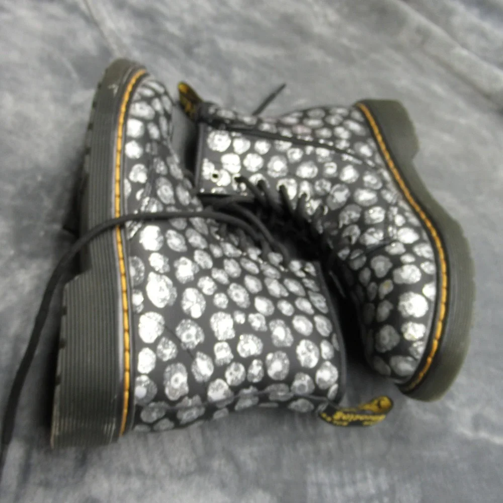 Dr. Martens Boots Youth 2 Silver Metallic Leopard Print Leather Side Zip Lace-Up